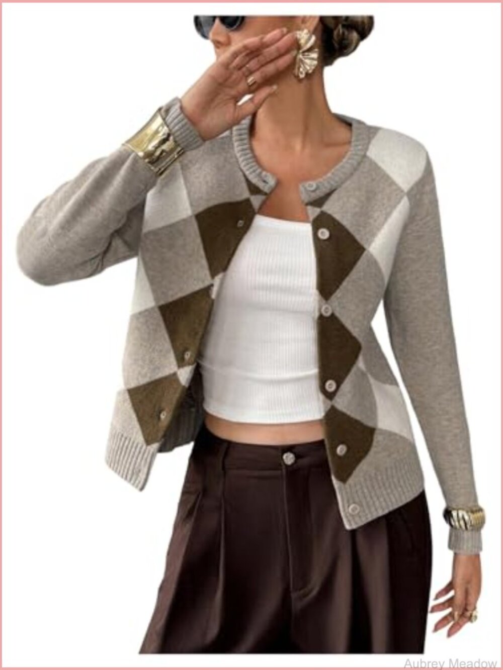 Argyle Plaid Cardigan Sweater Button Down Long Sleeve Crew Neck - Picture 5 of 5